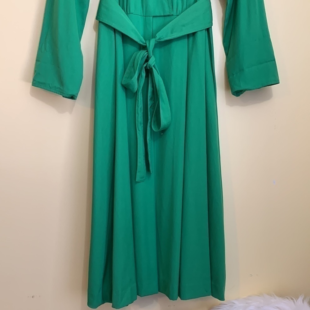Caron || 80’s Kelly Green Long Sleeve Faux Wrap Belted Shirt Pocket Dress M - Picture 4 of 16